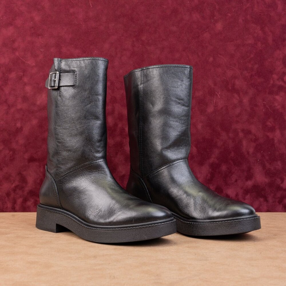 Vince Women Black Leather Mid Calf Moto Biker Slip-on Buckle Mid Boots sz 9.5
